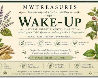 Wake-Up Herbal Supplement | Organic Tulsi, Quavana, Ashwagandha & Peppermint | Herbal Wellness Blend | 60 count 500mg