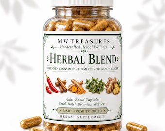 May include: A clear plastic bottle filled with brown herbal capsules, topped with a white cap. The label reads MW TREASURES Handcrafted Herbal Wellness HERBAL BLEND Cayenne Cinnamon Turmeric Oregano Ginger Plant-Based Capsules MADE FRESH TO ORDER.