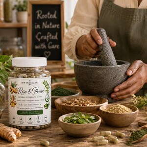 May include: A clear plastic bottle of Rise & Thrive herbal superfood blend capsules with a white lid. The label features illustrations of turmeric and moringa, listing ingredients like ginger and ashwagandha, with a green and white color scheme.