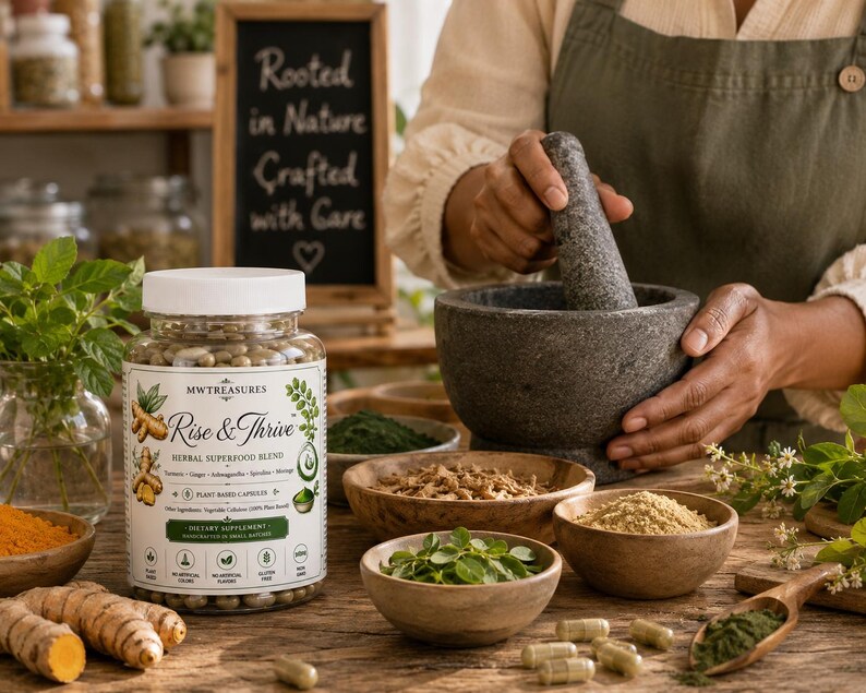 May include: A clear plastic bottle of Rise & Thrive herbal superfood blend capsules with a white lid. The label features illustrations of turmeric and moringa, listing ingredients like ginger and ashwagandha, with a green and white color scheme.