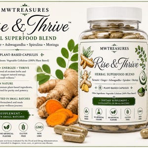 May include: A clear plastic bottle of MWTreasures Rise & Thrive herbal superfood blend capsules. The label features text listing turmeric, ginger, ashwagandha, spirulina, and moringa. Several capsules are scattered in front of the bottle.