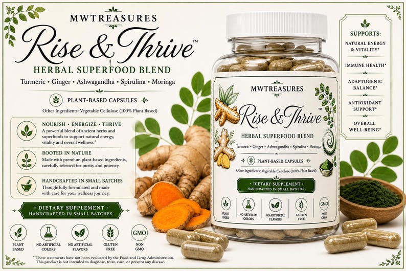May include: A clear plastic bottle of MWTreasures Rise & Thrive herbal superfood blend capsules. The label features text listing turmeric, ginger, ashwagandha, spirulina, and moringa. Several capsules are scattered in front of the bottle.