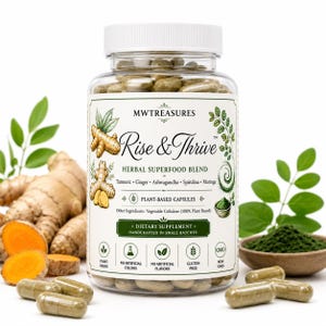 Rise & Thrive Herbal Superfood Blend Capsules | Turmeric, Ginger, Ashwagandha, Spirulina, Moringa image 3