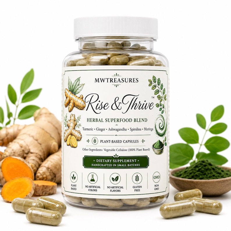Rise & Thrive Herbal Superfood Blend Capsules | Turmeric, Ginger, Ashwagandha, Spirulina, Moringa image 3