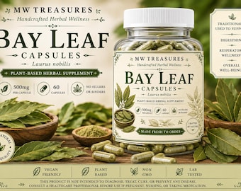 Organic Bay Leaf Powder Capsules | Herbal Wellness Supplement | Plant-Based Capsules | 500mg