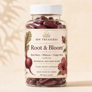 May include: A clear plastic bottle with a white cap filled with dark purple capsules. The label features the text MW TREASURES, Root & Bloom, Beet Root, Hibiscus, Ginger Root, Botanical Wellness Blend, Plant-Based Capsules, 500 mg per capsule.