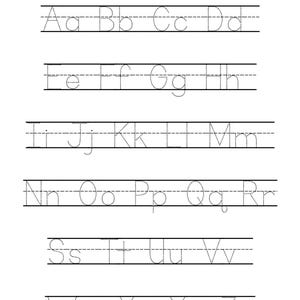 May include: A white worksheet with the text "Alphabet Review Tracing - A to Z" at the top. The worksheet features dotted lines for tracing uppercase and lowercase letters from A to Z. The BrightPathKidsPrints! logo is at the bottom.