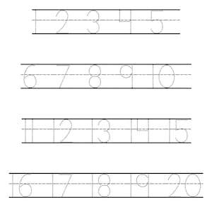 以下が含まれることがあります： 「Number Tracing - 1 to 20」と題された白黒のワークシート。ワークシートには、1から20までの点線で描かれた数字と、なぞるための線が表示されています。数字はサンセリフ体です。ページの下部には「BrightPathKidsPrints! Printable Worksheett」というテキストがあります。