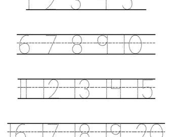 Puede incluir: Hoja de trabajo en blanco y negro titulada "Number Tracing - 1 to 20". La hoja de trabajo presenta números punteados del 1 al 20 con líneas para trazar. Los números están en una fuente sans-serif. La parte inferior de la página tiene el texto "BrightPathKidsPrints! Printable Worksheett".