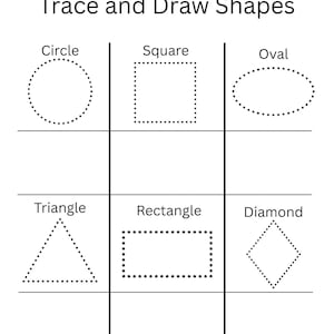 Op de afbeelding: Een zwart-wit werkblad getiteld "Trace and Draw Shapes". Het bevat stippellijnen van een cirkel, vierkant, ovaal, driehoek, rechthoek en ruit om te traceren. Het werkblad is ontworpen voor educatieve doeleinden.