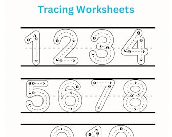 May include: A white worksheet with the text "Numbers 1-10 Tracing Worksheets" in brown and blue. The worksheet displays the numbers 1 through 10 in a dotted line format for tracing practice. Each number has directional arrows.