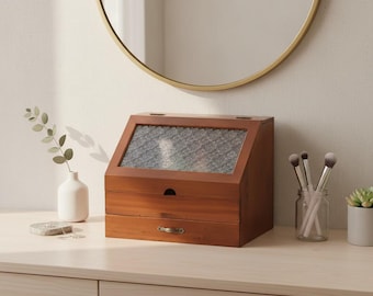 Vintage Wooden Cosmetic Organizer Double Drawer Makeup Storage Cabinet Vanity Desk Organizer Box