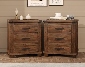 Rustic Solid Wood Nightstand Set of Two Farmhouse Bedside Table Three Drawer Storage