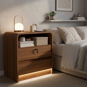 May include: A wooden nightstand with two drawers and a top shelf. A small lamp with a round, white light sits on top, along with a clock, a cup, and a phone. The nightstand has a key lock on the drawer and a warm light strip at the base.
