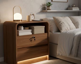 Walnut Nightstand LED Light Charging Station Bedside Table Motion Sensor Drawer Lock Modern