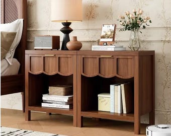 Mesita de noche de madera maciza, juego de 2, color nogal, con cajón.