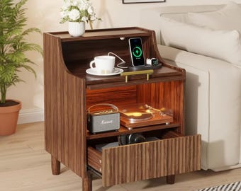 Mesita de noche moderna con LED, mesita auxiliar con estación de carga y cajón de almacenamiento. Muebles de dormitorio.