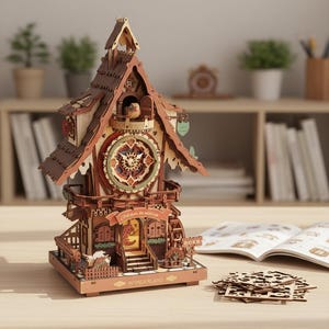 May include: A detailed wooden cuckoo clock model, with a clock face, a small bird, and the word "WONDERLAND" at the base. The clock is made of light and dark brown wood, with a decorative design. A partially assembled kit is next to the clock.