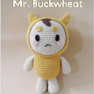 Puede incluir: Muñeca de ganchillo hecha a mano con un atuendo con capucha amarillo con cara y extremidades blancas. La muñeca tiene ojos negros, mejillas rosadas y un parche marrón en la cabeza. El texto "Mr. Buckwheat" está arriba.