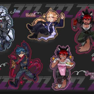 May include: A collection of five anime-style character stickers. The characters are anthropomorphic, with animal features like wolf and fox ears and tails. Each character is in a dynamic pose, with vibrant colors and detailed outfits. The background is dark with a repeating pattern.