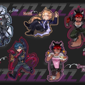May include: A collection of five anime-style character stickers. The characters are anthropomorphic animals and humans with unique outfits and poses. The stickers have a dark background with a repeating pattern and character names.