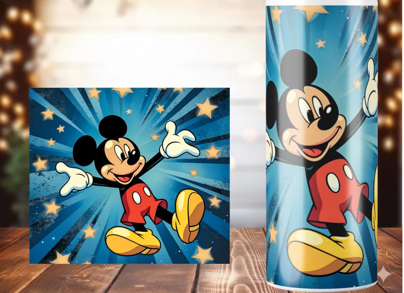 K&ouml;nnte beinhalten: Ein Becher und ein gerahmter Druck mit Micky Maus. Das Kunstwerk zeigt Micky Maus in seinem klassischen Outfit mit roter Hose, gelben Schuhen und wei&szlig;en Handschuhen vor einem blauen Hintergrund mit Sternen und Sternen.