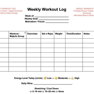 Op de afbeelding: Een witte, afdrukbare wekelijkse workout log met een minimalistisch zwart-wit ontwerp. De log bevat secties voor de week, wekelijkse doelstelling, oefeningen, sets, herhalingen en notities. De tekst "Weekly Workout Log" staat bovenaan.