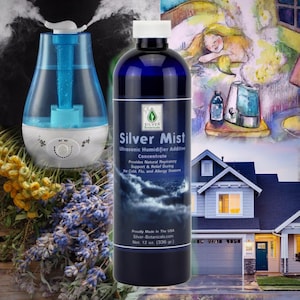 May include: A blue bottle of Silver Mist Ultrasonic Humidifier Additive Concentrate, 12 oz. (336 gr.), with text that reads "Provides Natural Respiratory Support & Relief During the Cold, Flu, and Allergy Seasons." An ultrasonic humidifier is also shown.