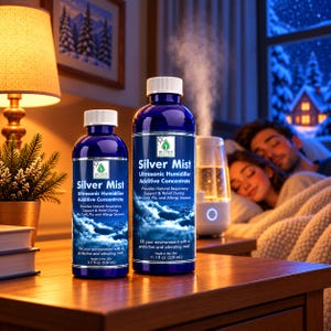 May include: Two dark blue plastic bottles of Silver Mist Ultrasonic Humidifier Additive Concentrate with white caps. The smaller bottle is 3.7 fl oz (109 mL) and the larger bottle is 11.1 fl oz (328 mL). Both feature labels with cloud imagery.