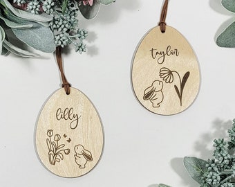 Personalized Cute Wood Easter Basket Tag, Custom Adorable Easter Bunny Name Tag, Kids Easter Tag, Unique Grandkids Easter Gift, Egg Tag
