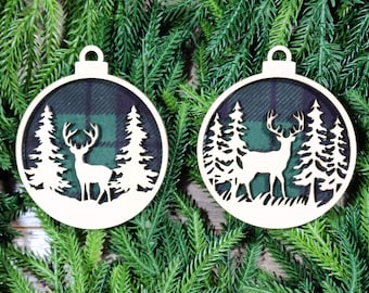 Christmas Ornament Set of 2 - Reindeer Ornament - Wooden Christmas Ornament - Christmas Tree Decoration - Christmas Gift - Fabric Backing