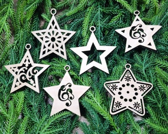 Star Christmas Ornaments Set of 6 - Wooden Stars Christmas Ornament - Christmas Tree Decoration - Christmas Gift