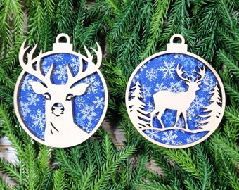 Reindeer Ornament - Christmas Ornament Set of 2 - Wooden Christmas Ornament - Christmas Tree Decoration - Christmas Gift - Blue Snow Fabric