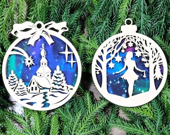 Starry Night Christmas Ornament Set of 2 - Wooden Xmas Ornament - Christmas Tree Decoration - Christmas Gift - Fabric Backed Christmas Decor