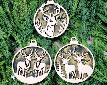 Wood Christmas Ornament Set of 3 - Wooden Christmas Ornament - Christmas Tree Decoration - Christmas Gift - Deer Ornament with Gold Backing