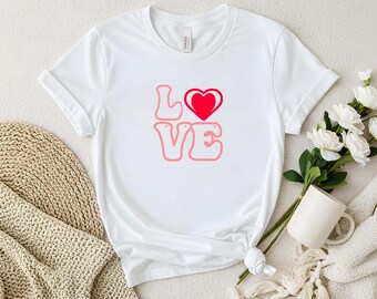 Pink Bubble Love Shirt, Retro Puffy Letter Tee, Heart Graphic Top, Groovy Valentine Gift