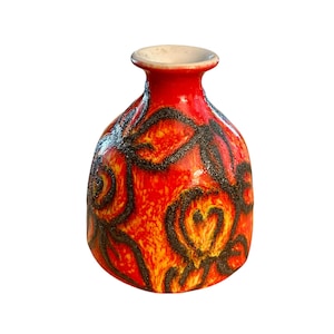 West German Fat Lava Vase: Red Orange Black Drip Glaze MCM Pottery 5"