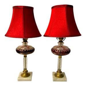 Antique Cranberry Cut-to-Clear Glass Table Lamps, Brass Column, Marble Base, Red Silk Shades
