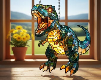 咆哮する恐竜：ステンドグラス風の窓掛け - Etsy 日本