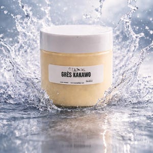 May include: A cylindrical jar with a white lid and a label that reads "GR&Egrave;S KAKAWO." The jar is filled with a light yellow substance and is surrounded by water splashing upwards. The background is a blurred, light blue.