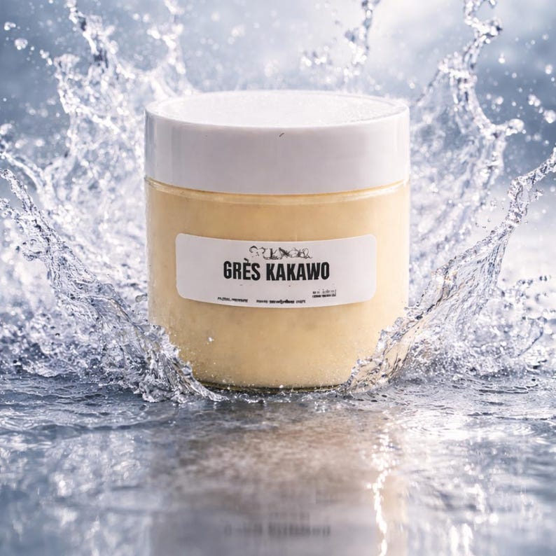 May include: A cylindrical jar with a white lid and a label that reads "GR&Egrave;S KAKAWO." The jar is filled with a light yellow substance and is surrounded by water splashing upwards. The background is a blurred, light blue.