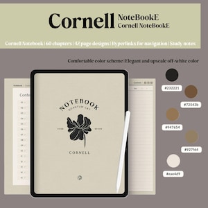 Könnte beinhalten: Ein digitales Notizbuch mit schwarzem Rahmen, einem weißen Stift und einem beigefarbenen Einband mit einem schwarzen Blumendesign und dem Wort "NOTEBOOK". Das Notizbuch ist mit "Cornell" beschriftet und enthält den Text "60 Kapitel" und "42 Seitendesigns".