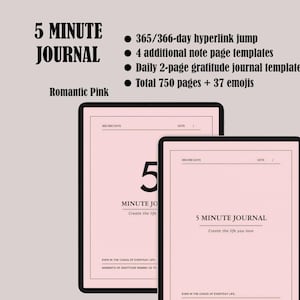 Könnte beinhalten: Zwei digitale Journale mit rosa Seiten werden angezeigt. Der Text auf den Journalen lautet "5 MINUTE JOURNAL" und "Create the life you love". Zusätzlicher Text enthält "365/366-Tage-Hyperlink-Sprung" und "Insgesamt 750 Seiten + 37 Emojis."