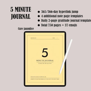 Könnte beinhalten: Ein digitales Journal mit dem Text "5 MINUTE JOURNAL" und zusätzlichen Funktionen. Der Bildschirm des Journals zeigt die Zahl "5" und die Worte "MINUTE JOURNAL" mit dem Slogan "Create the life you love". Ein weißer Stift liegt daneben.