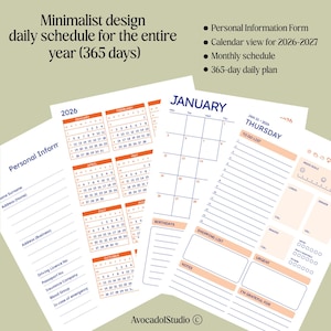 Könnte beinhalten: Ein minimalistischer Tagesplan für das ganze Jahr mit einem persönlichen Informationsformular, Kalenderansichten für 2026-2027, Monatsplänen und einem 365-Tage-Tagesplan. Das Design umfasst orangefarbene und blaue Akzente.