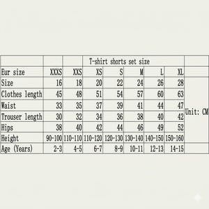 May include: A size chart for a t-shirt and shorts set, with measurements in centimeters. The chart includes sizes from XXXS to XL, detailing clothes length, waist, trouser length, hips, height, and age range in years.