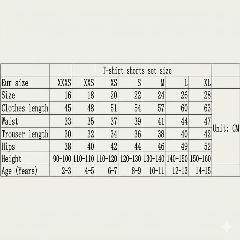 May include: A size chart for a t-shirt and shorts set, with measurements in centimeters. The chart includes sizes from XXXS to XL, detailing clothes length, waist, trouser length, hips, height, and age range in years.