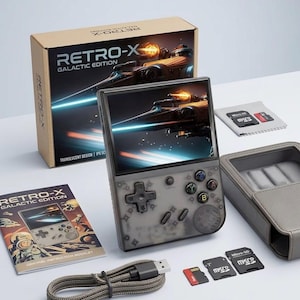 May include: A Retro-X Galactic Edition handheld gaming console with a translucent design. The console has a screen displaying a space battle scene, with a box, instruction booklet, USB cable, Micro-SD cards, and a carrying case. The box reads "Retro-X Galactic Edition".