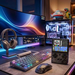 May include: A gaming setup featuring a large curved monitor, a clear keyboard with colorful LED lights, a mouse, and a handheld gaming device displaying a retro game. A headset rests on a stand.