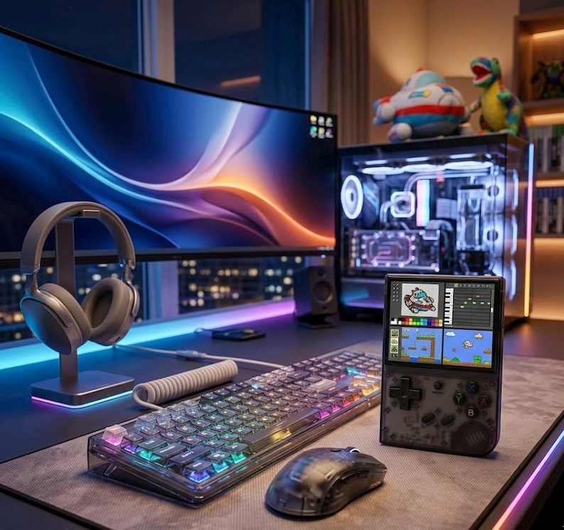 May include: A gaming setup featuring a large curved monitor, a clear keyboard with colorful LED lights, a mouse, and a handheld gaming device displaying a retro game. A headset rests on a stand.